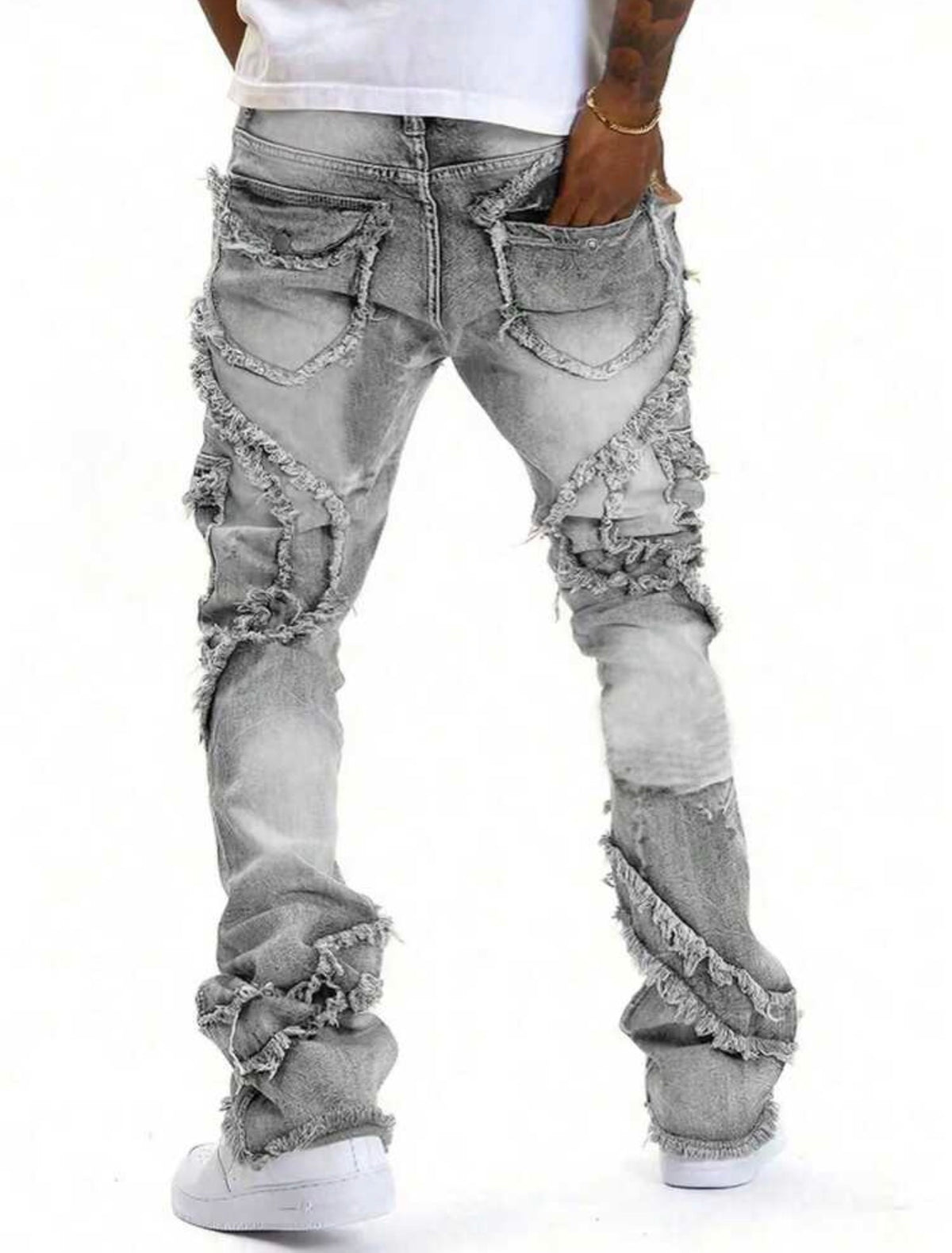 Men's Pocket Frayed Edge Casual Stretch Skinny Flare Jeans
