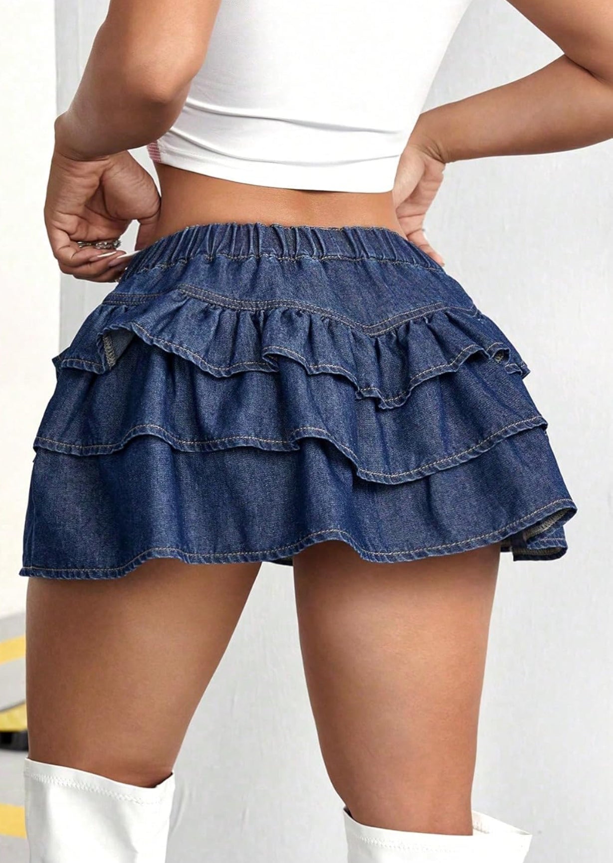 Women's Ruffle Denim Skirt Drop Low Waist A Line Jean Skirt Casual Tiered Layer Hem Tiered Mini Skirt
