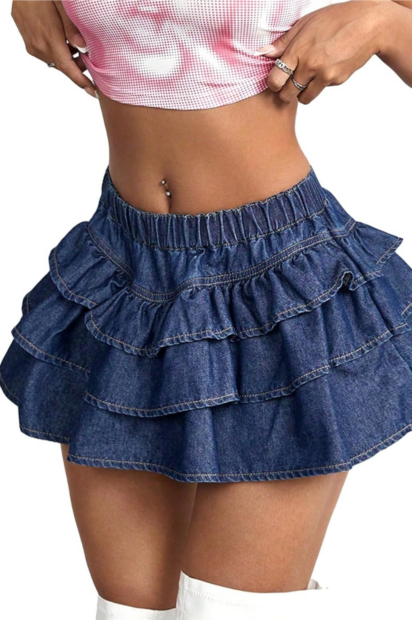 Women's Ruffle Denim Skirt Drop Low Waist A Line Jean Skirt Casual Tiered Layer Hem Tiered Mini Skirt