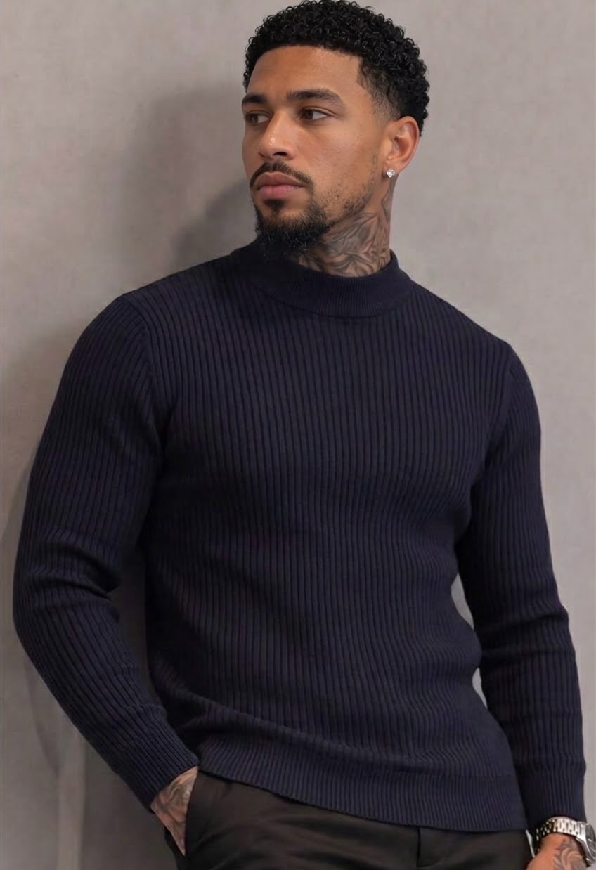 Men's Ribbed Half-High Neck Casual Knit Sweater Long Sleeve