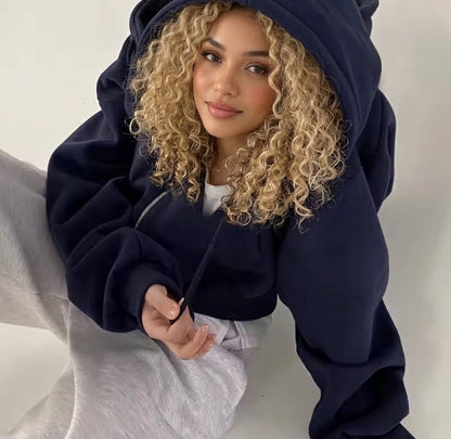 Women's Fleece-Lined Cropped Zip-Up Hoodie