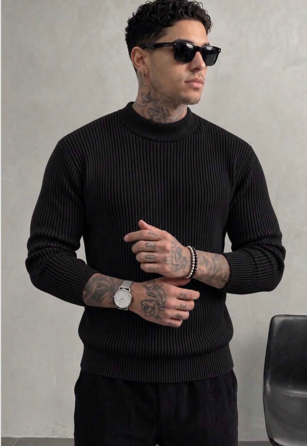 Men's Ribbed Half-High Neck Casual Knit Sweater Long Sleeve