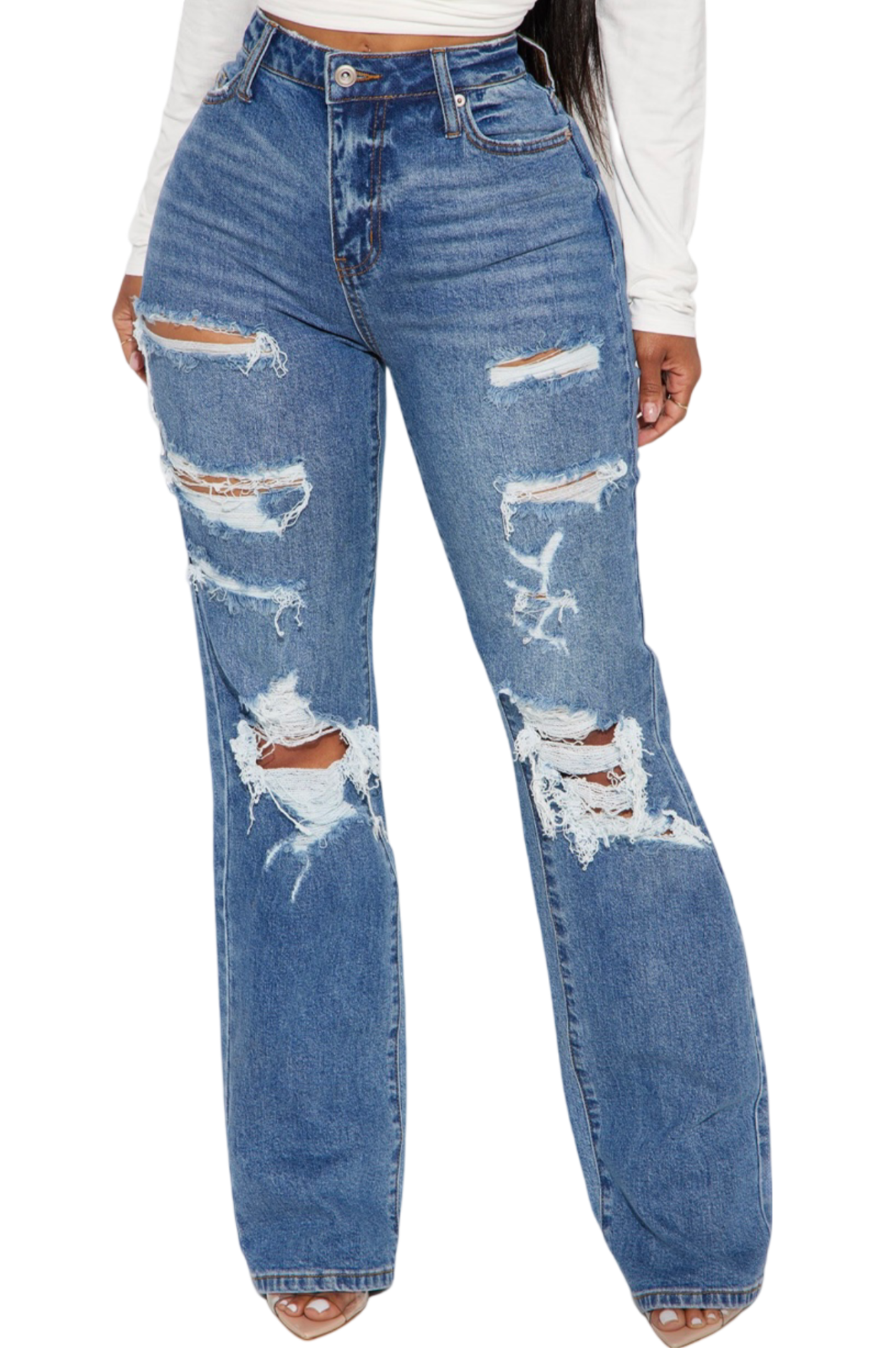 Stretch Ripped Straight Leg Jeans