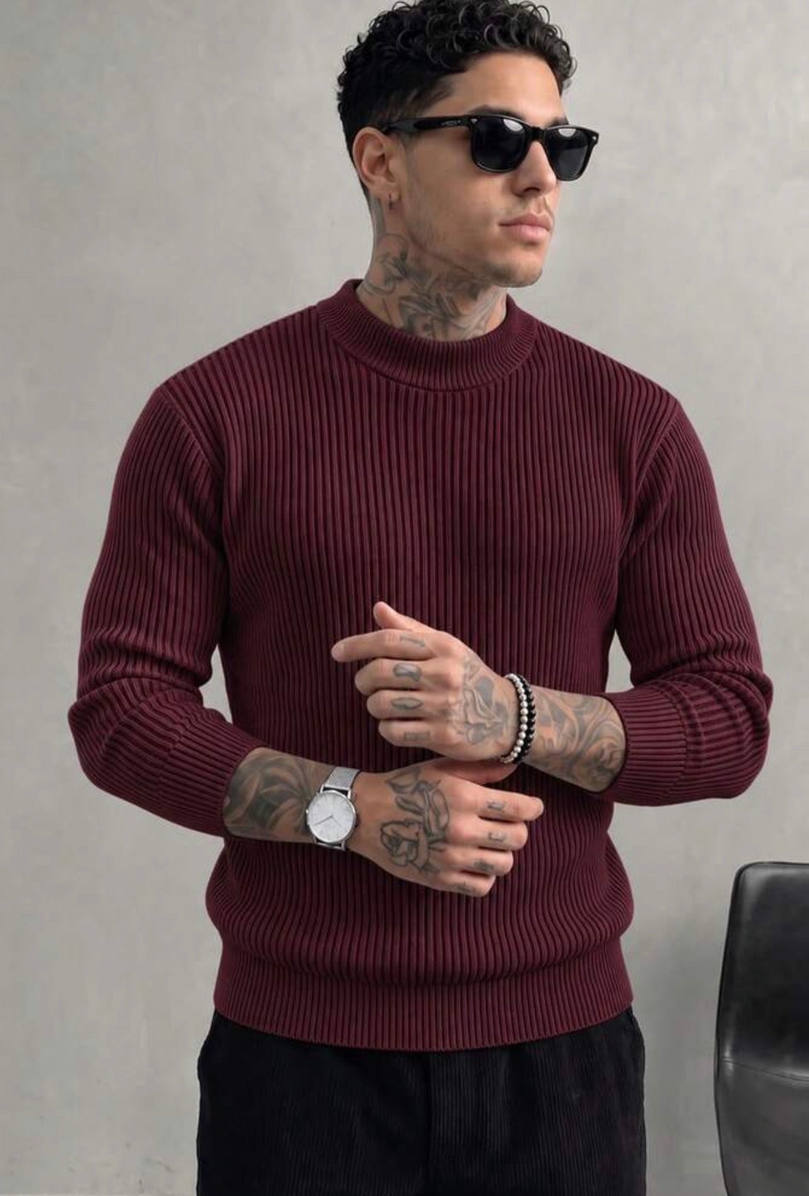 Men's Ribbed Half-High Neck Casual Knit Sweater Long Sleeve