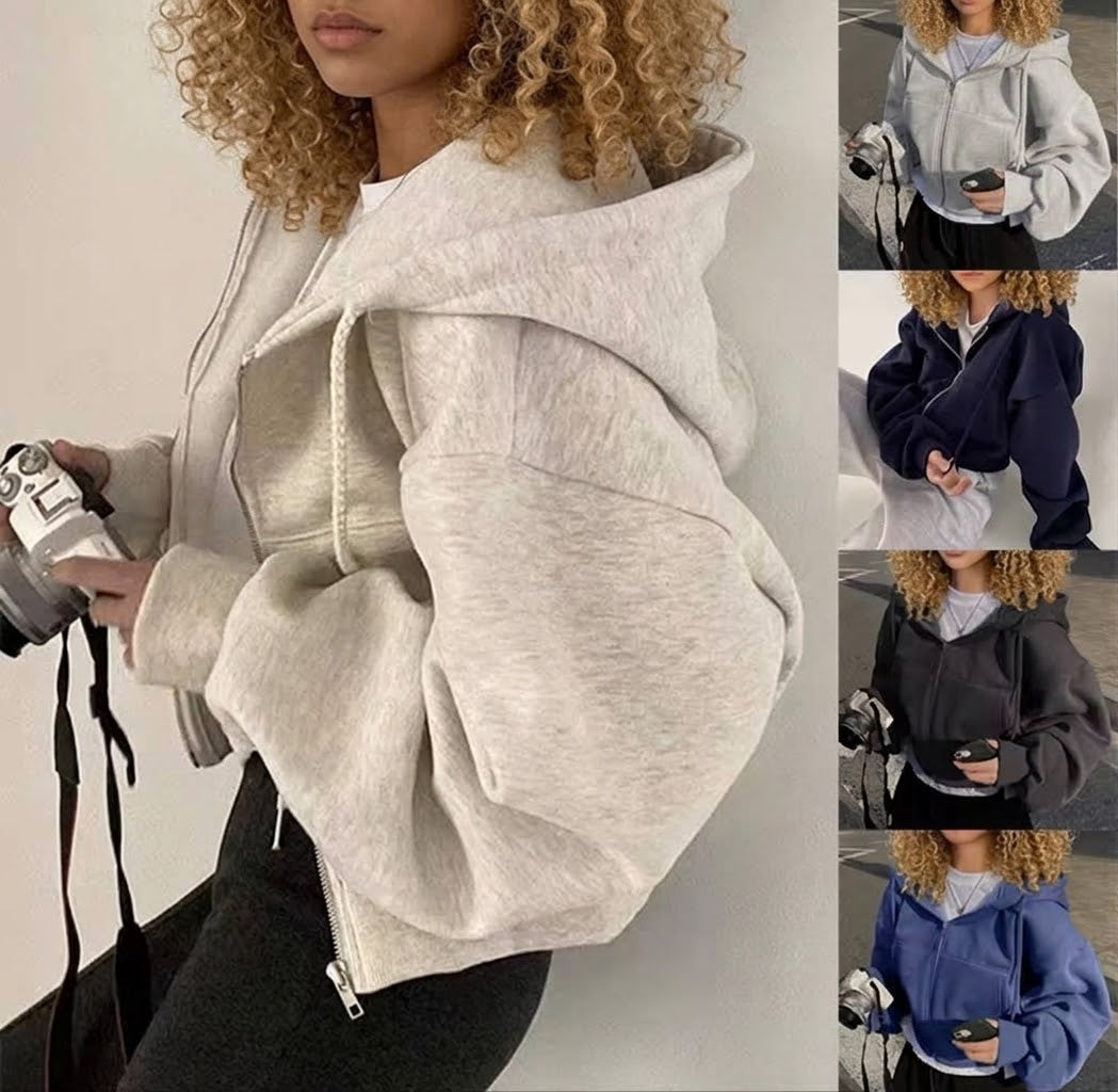 Women's Fleece-Lined Cropped Zip-Up Hoodie