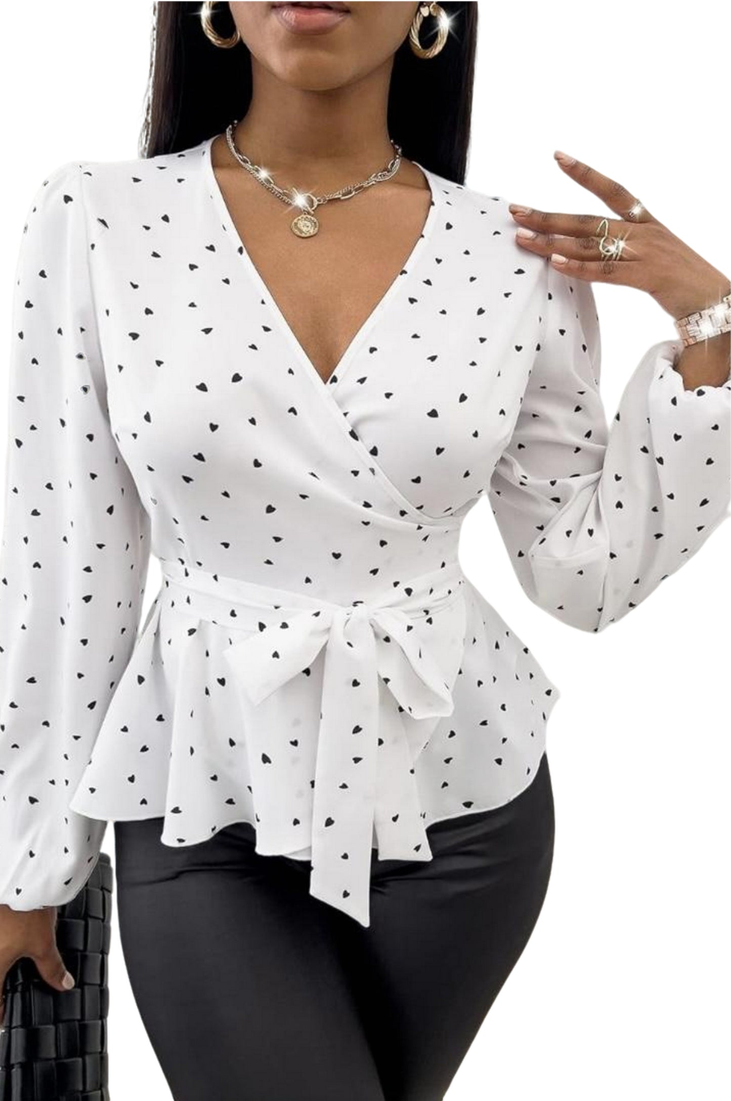 Lady Heart Print Tie Front Long Sleeve Casual Top