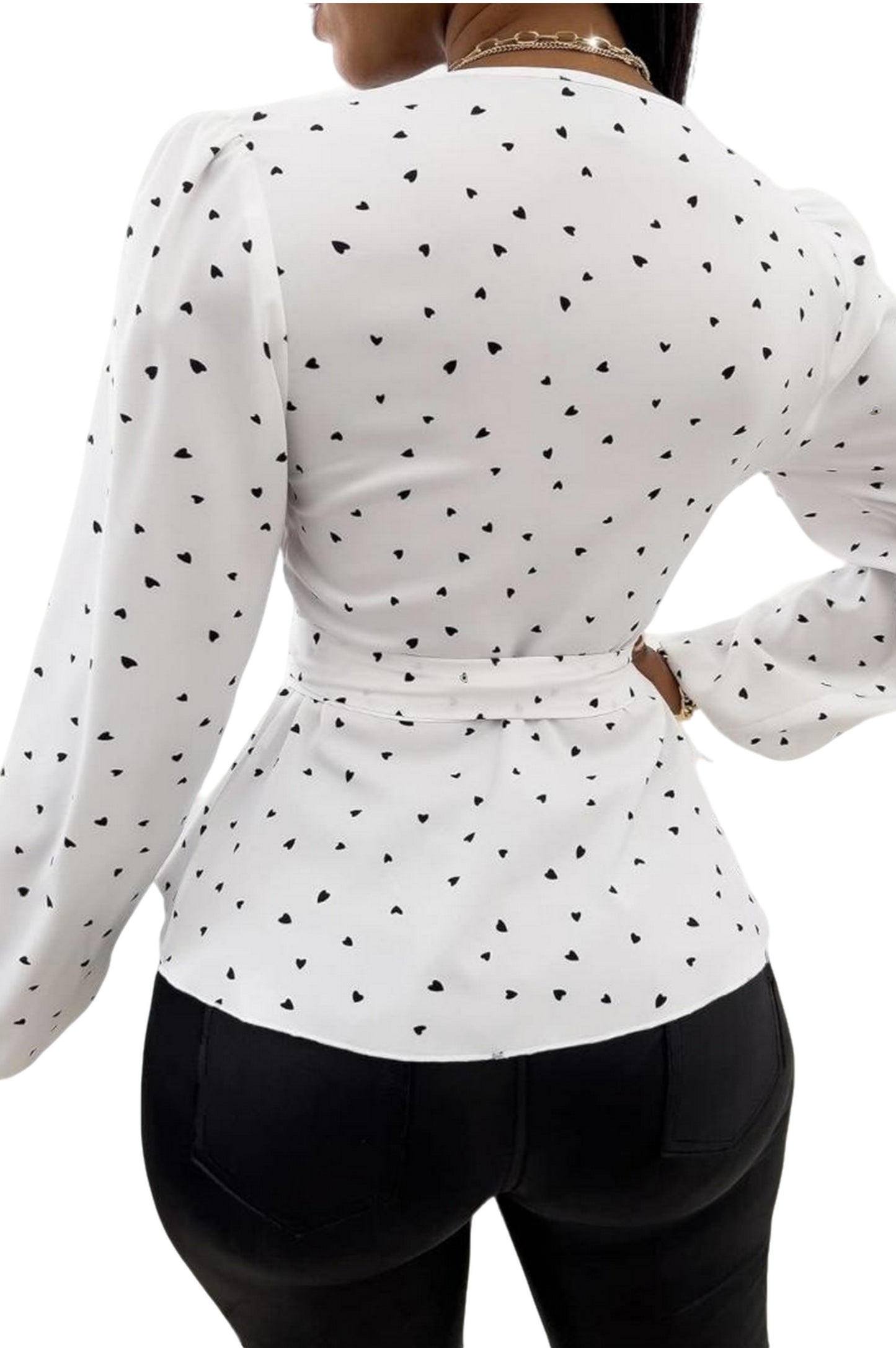 Lady Heart Print Tie Front Long Sleeve Casual Top