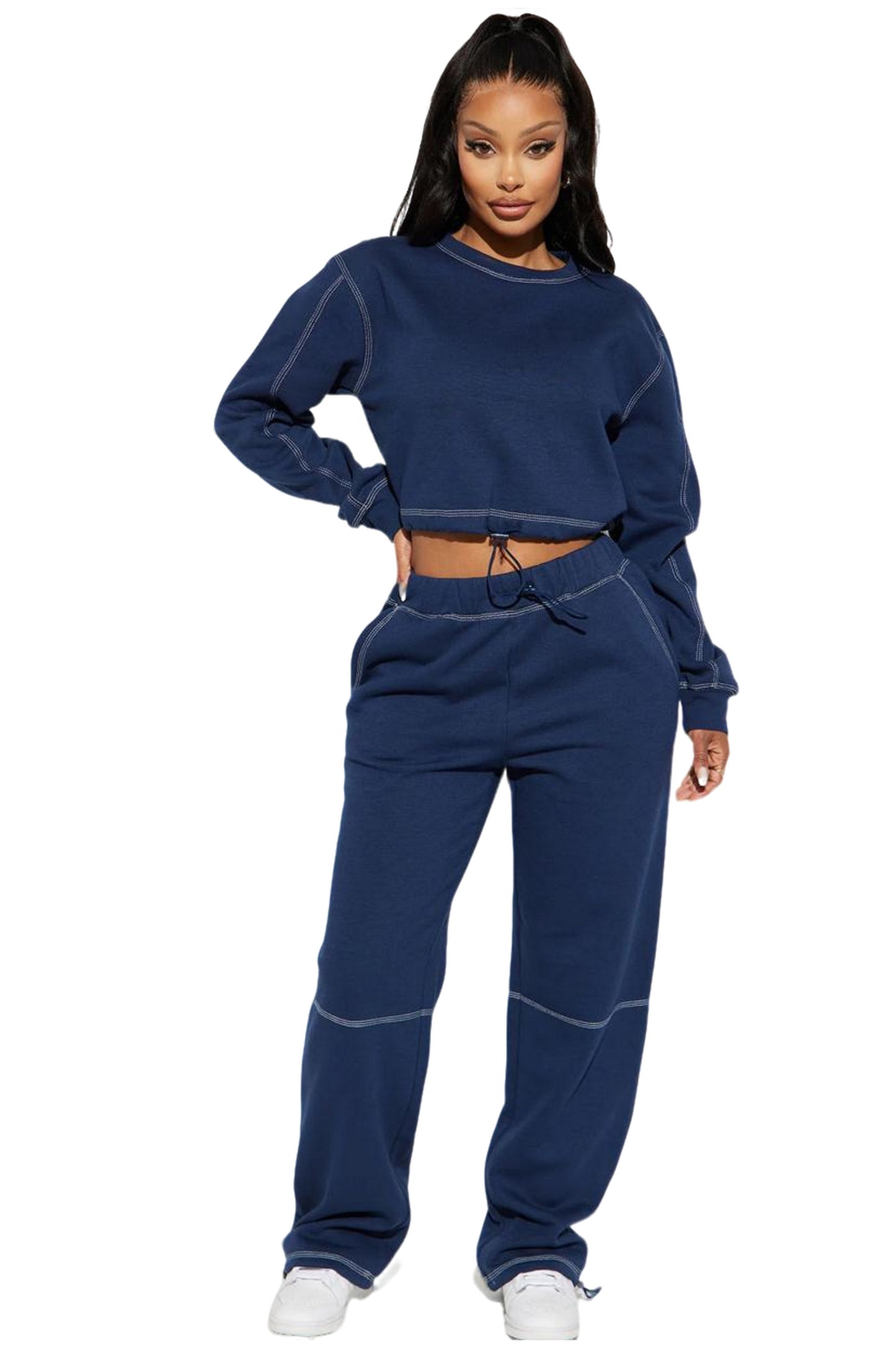 Stitch Fleece Lounge Crew Neck Top- Navy