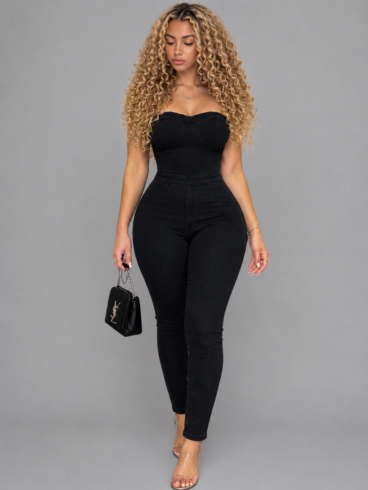 SXY High-Stretch Backless Denim Jumpsuit