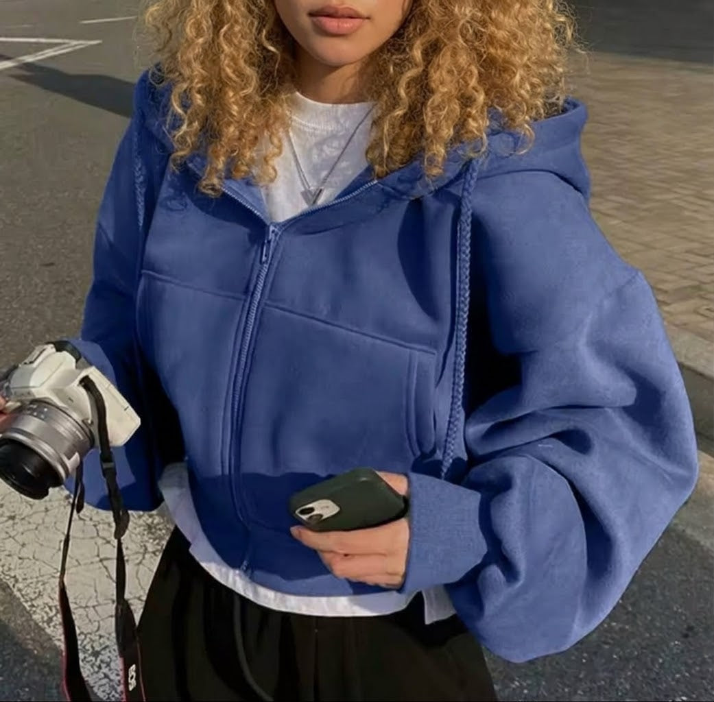 Women's Fleece-Lined Cropped Zip-Up Hoodie