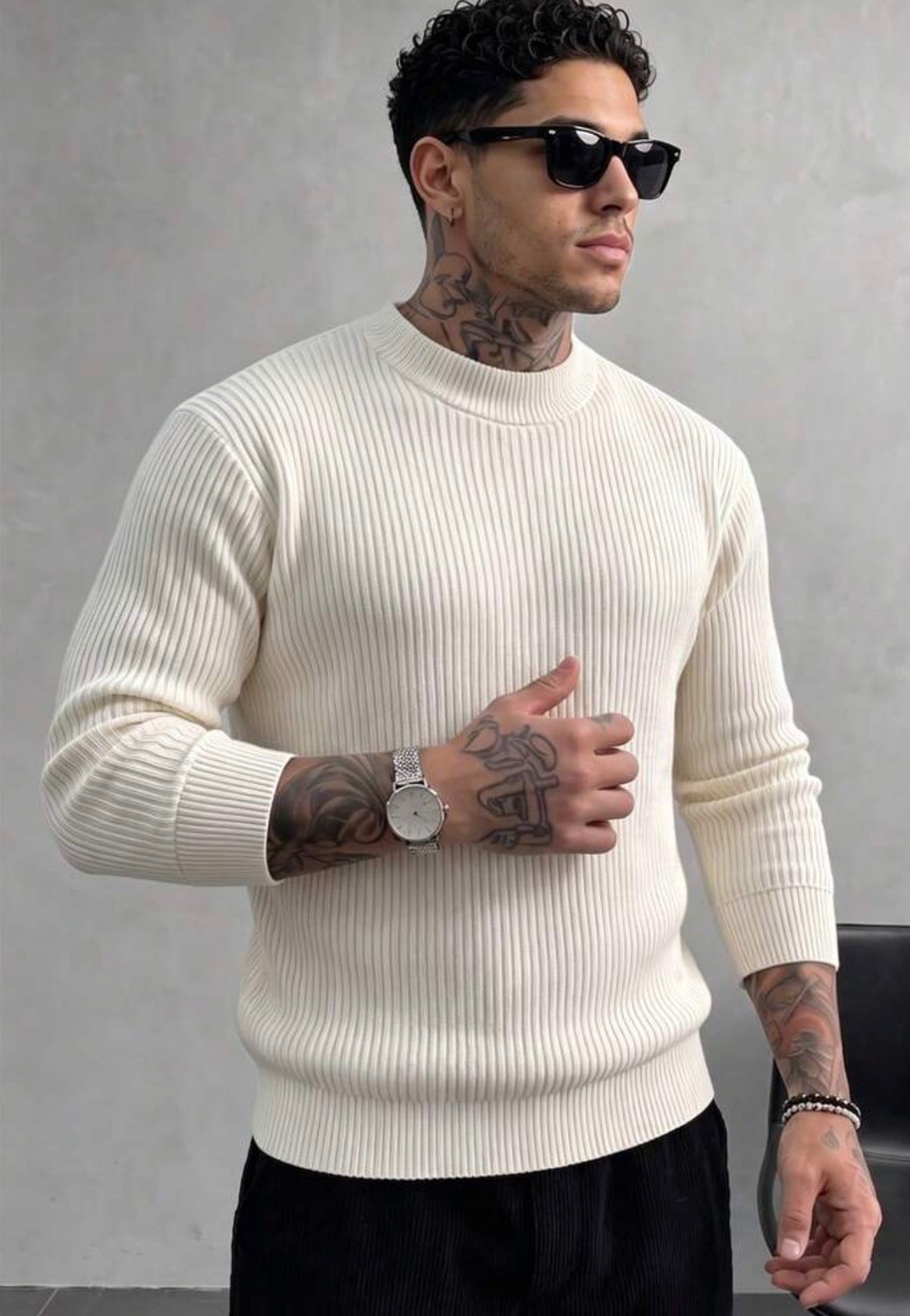 Men's Ribbed Half-High Neck Casual Knit Sweater Long Sleeve