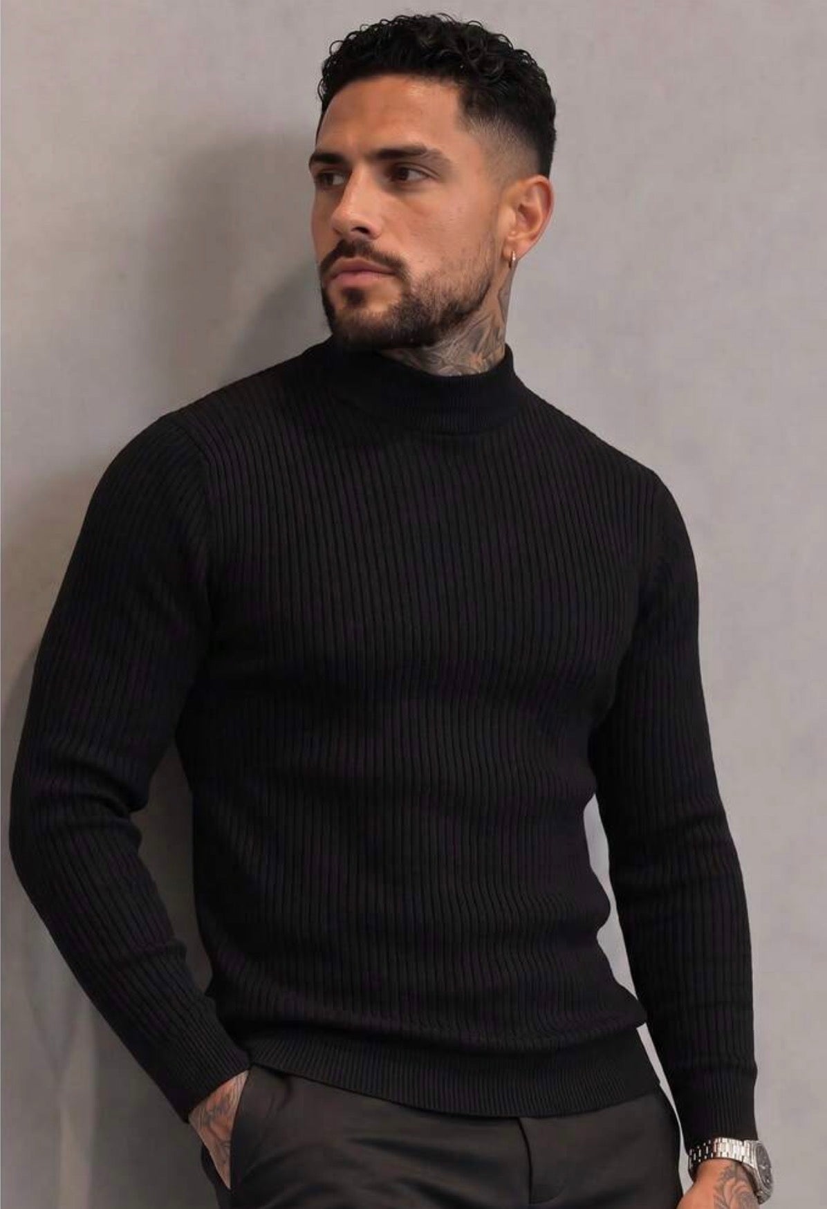 Men's Ribbed Half-High Neck Casual Knit Sweater Long Sleeve