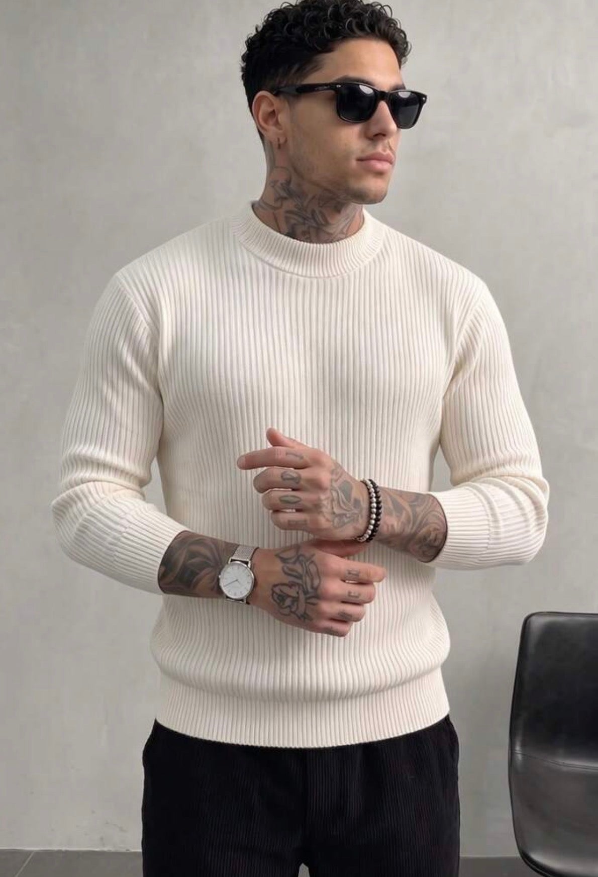 Men's Ribbed Half-High Neck Casual Knit Sweater Long Sleeve