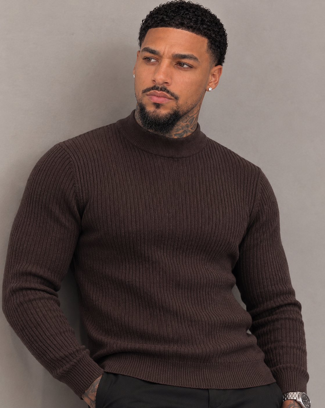 Men's Ribbed Half-High Neck Casual Knit Sweater Long Sleeve