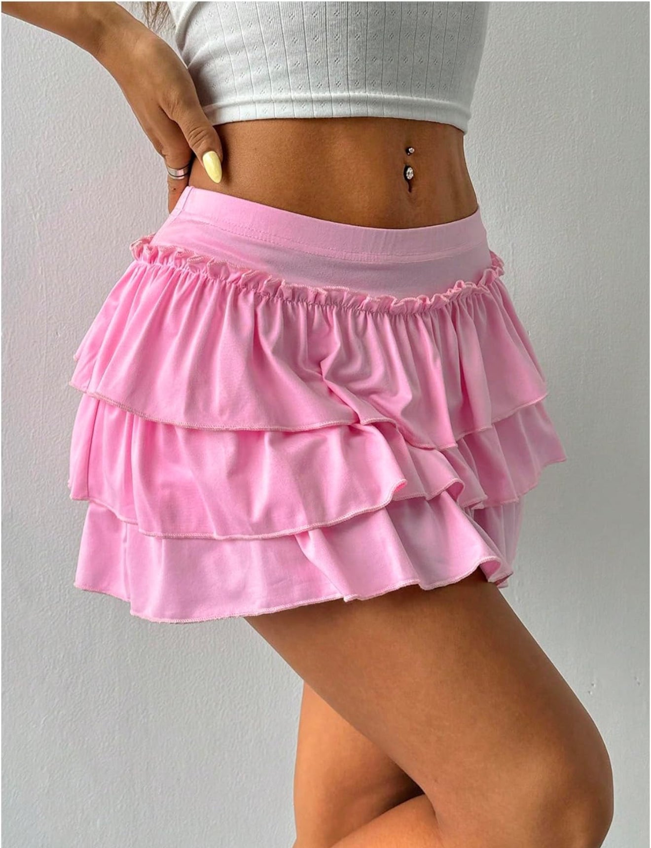 Women's Bow Back Mini Skirt Elastic Low Waist Layered Ruffle
Hem Short Cake Skirts
