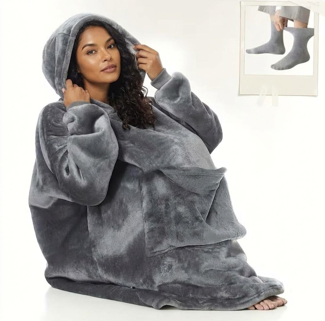 Ultra-Soft Oversized Reversible Wearable Blanket Hoodie with Front Pocket – Includes Cozy Winter Socks