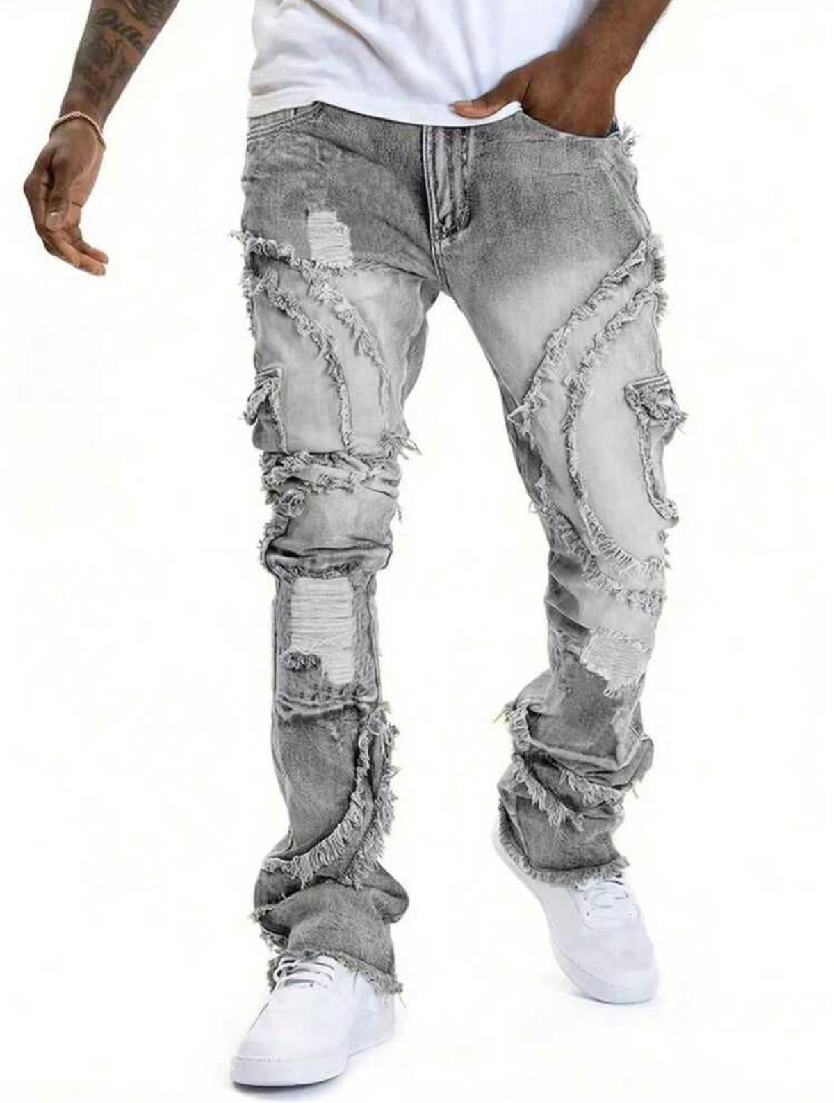Men's Pocket Frayed Edge Casual Stretch Skinny Flare Jeans