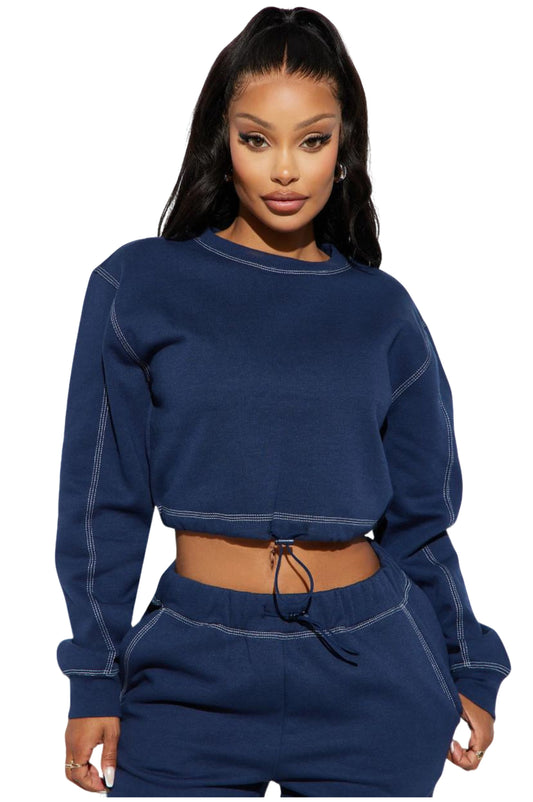 Stitch Fleece Lounge Crew Neck Top- Navy