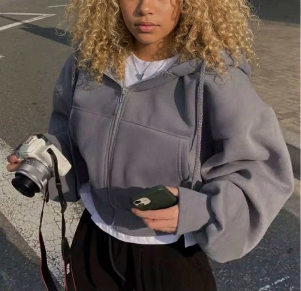 Women's Fleece-Lined Cropped Zip-Up Hoodie