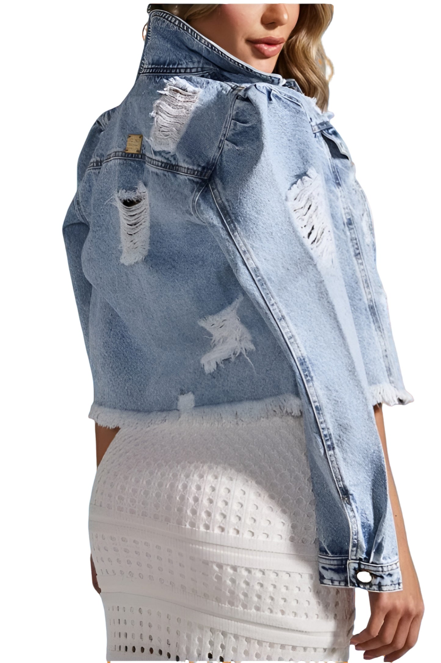 Button Washed Ripped Raw Edge Ladies Denim Top