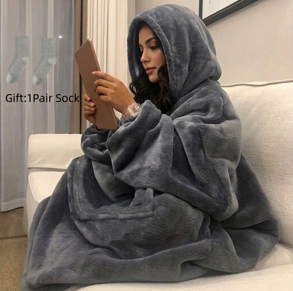 Ultra-Soft Oversized Reversible Wearable Blanket Hoodie with Front Pocket – Includes Cozy Winter Socks