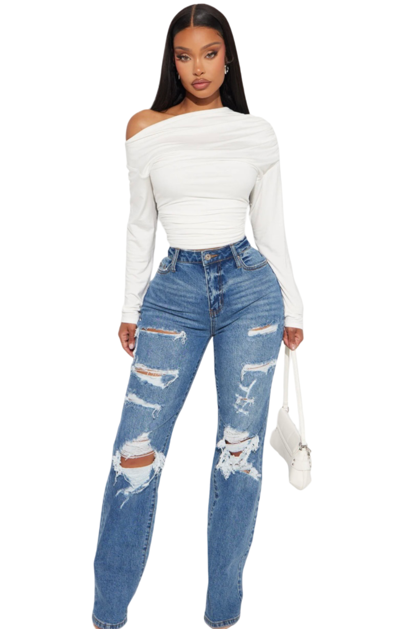 Stretch Ripped Straight Leg Jeans