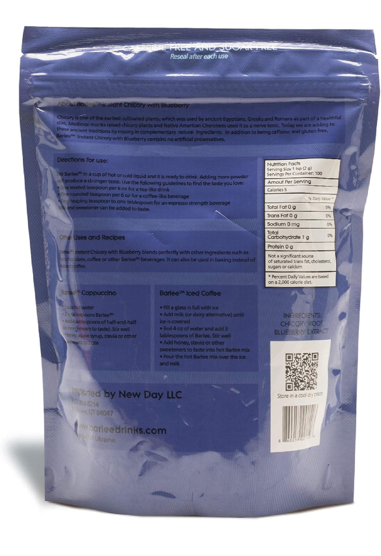 BARLEE Coffee Alternative Beverage Blend - Chicory Root Powder - Instant Chicory Coffee Substitute - No Sugar Caffeine Free (Blueberry, 7.05 OZ)