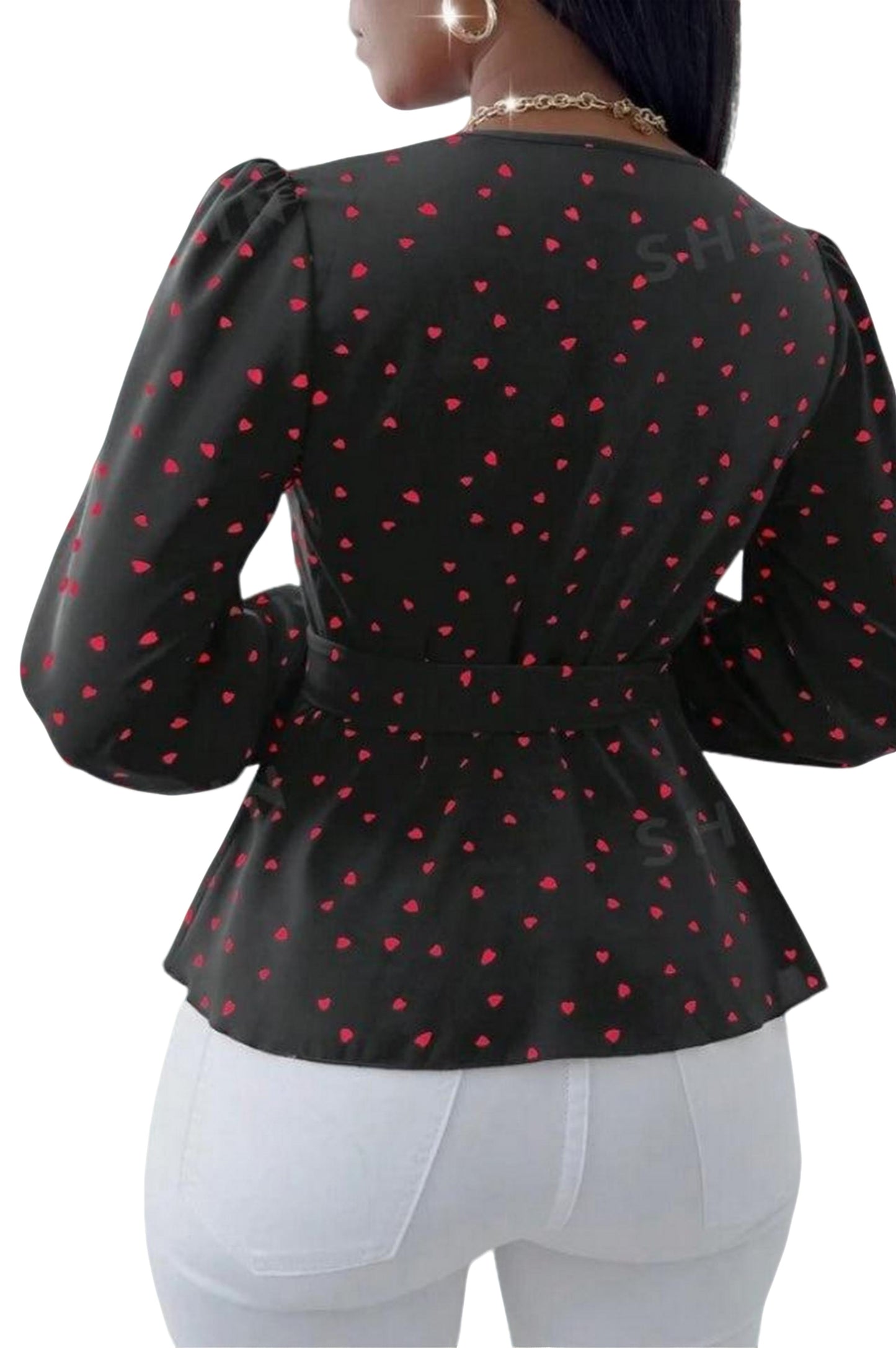 Lady Heart Print Tie Front Long Sleeve Casual Top