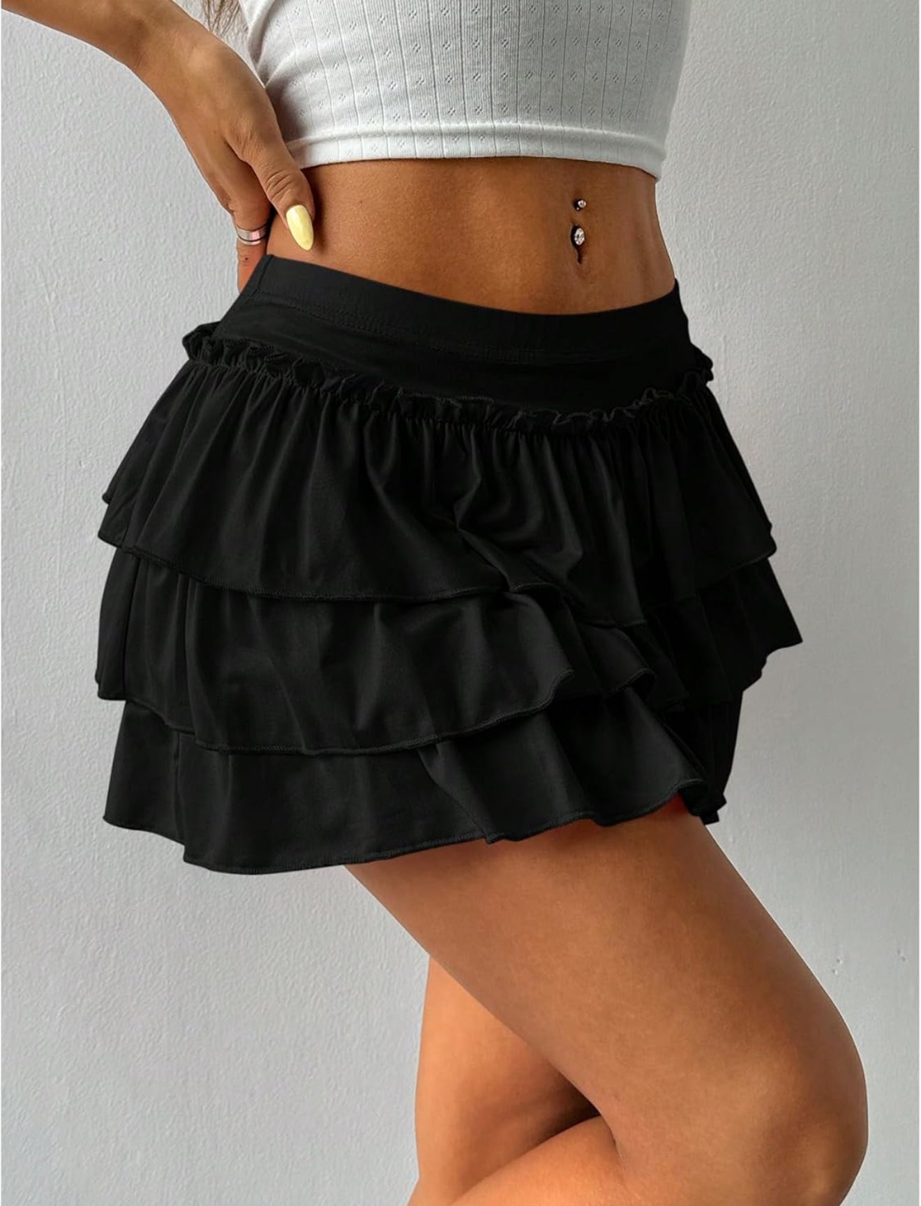 Women's Bow Back Mini Skirt Elastic Low Waist Layered Ruffle
Hem Short Cake Skirts