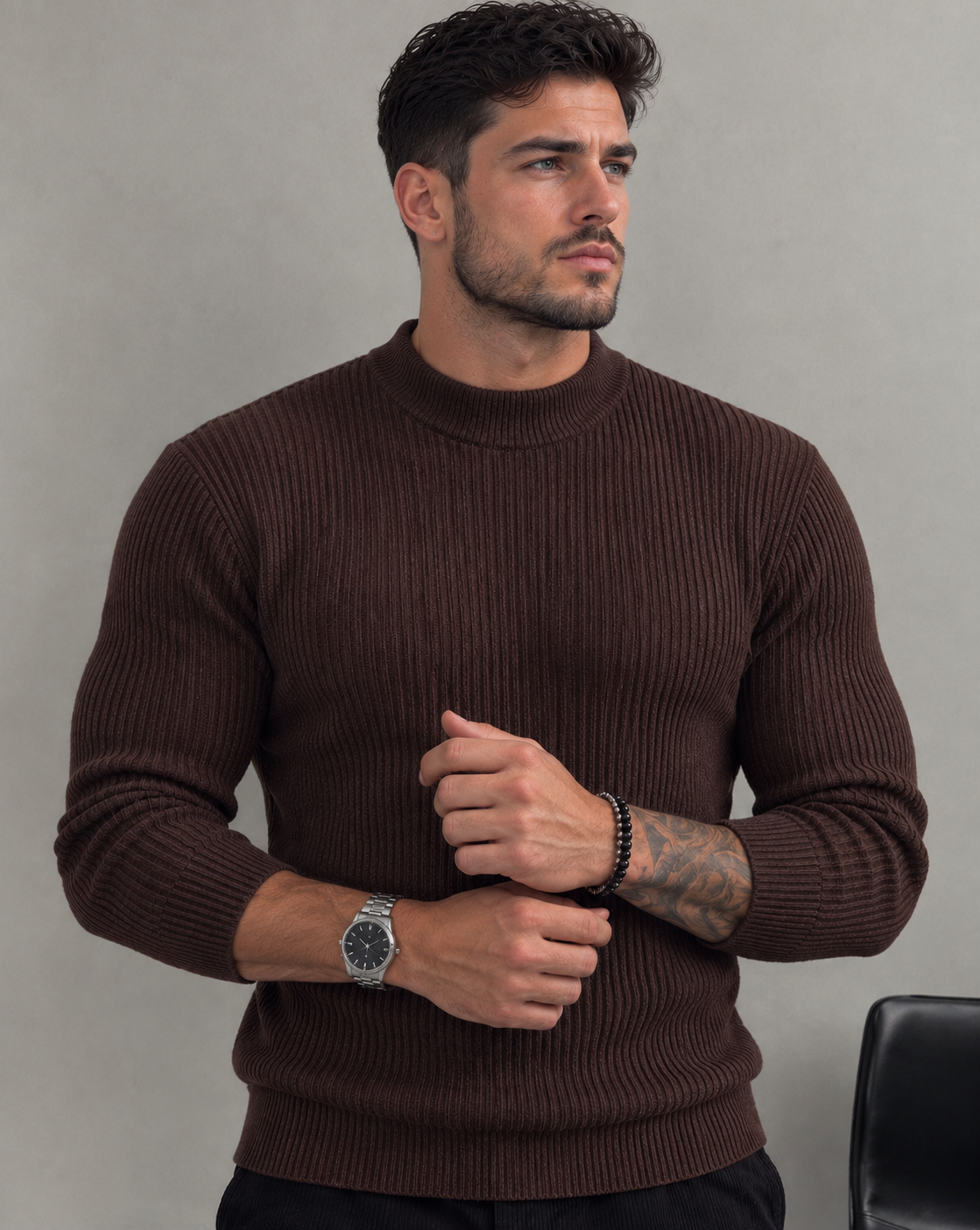 Men's Ribbed Half-High Neck Casual Knit Sweater Long Sleeve