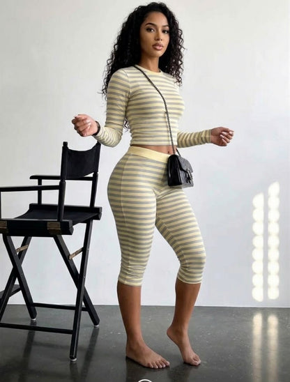 Daily Wear Women's Striped Long Sleeve Top & Leggings Matching Set
