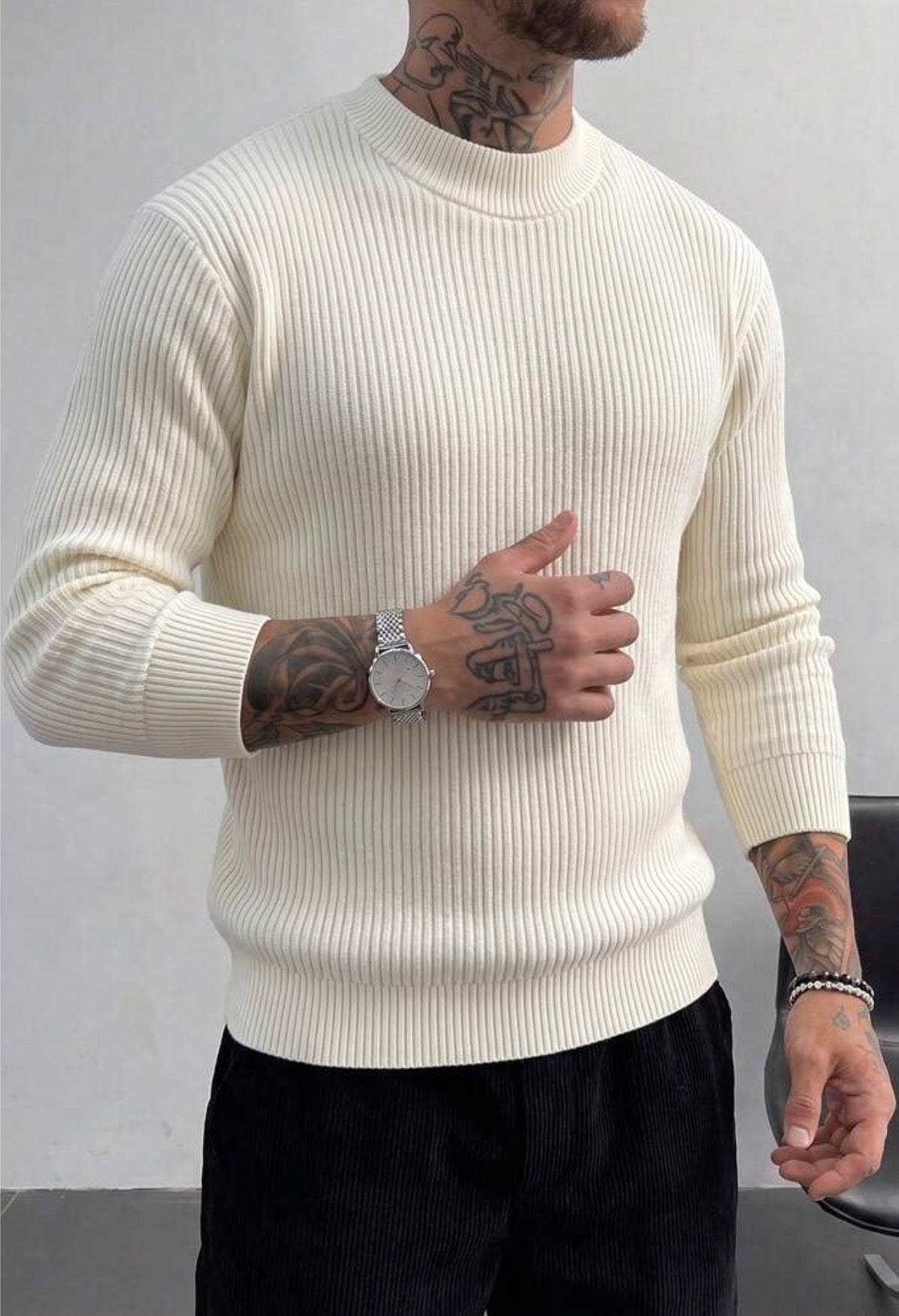 Men's Ribbed Half-High Neck Casual Knit Sweater Long Sleeve