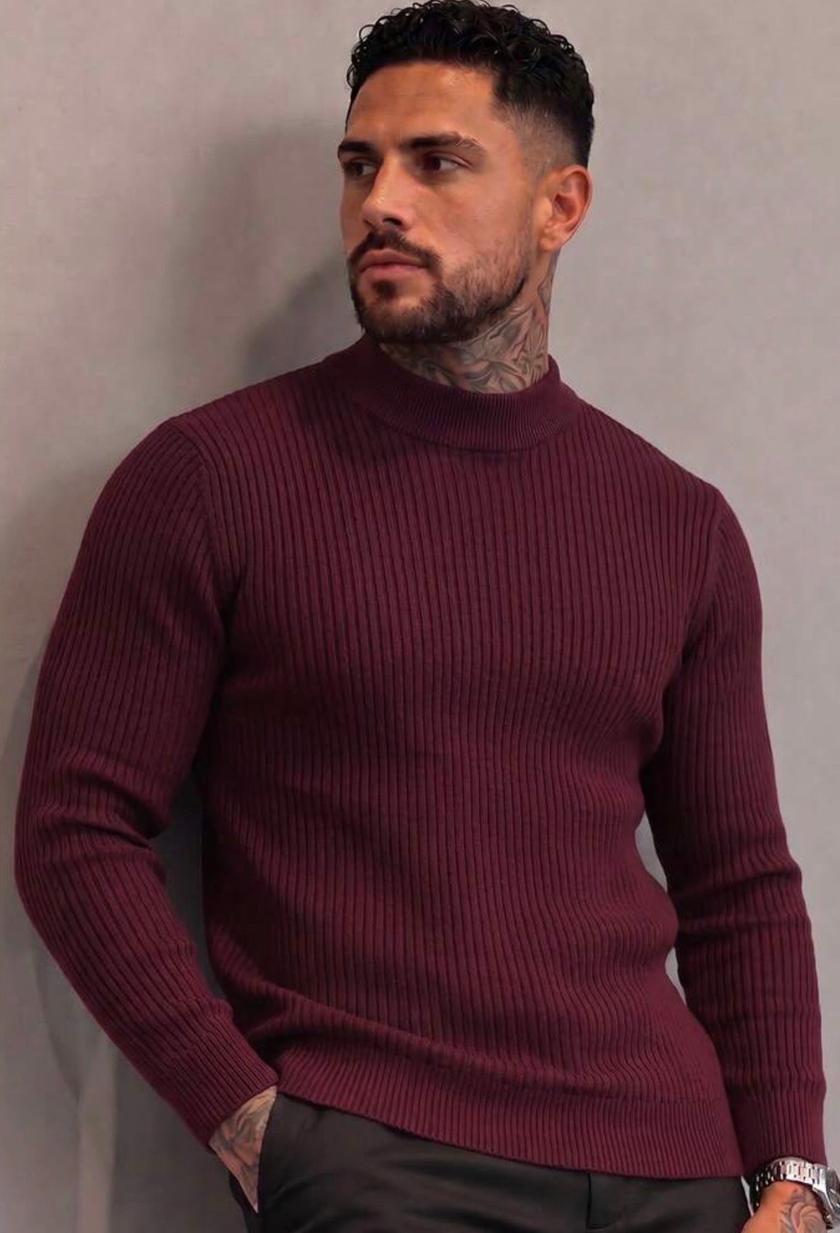 Men's Ribbed Half-High Neck Casual Knit Sweater Long Sleeve