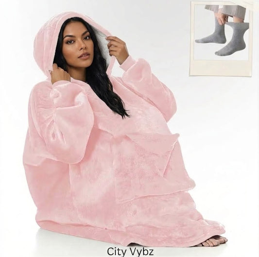 Ultra-Soft Oversized Reversible Wearable Blanket Hoodie with Front Pocket – Includes Cozy Winter Socks