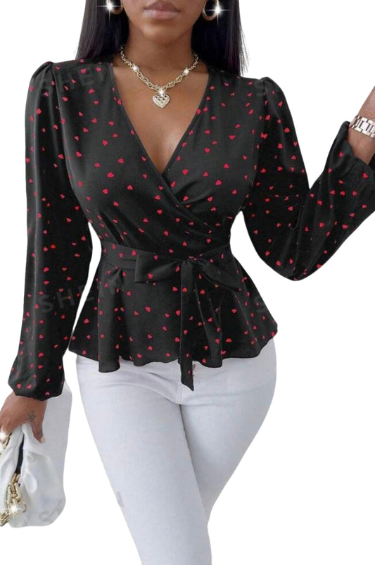 Lady Heart Print Tie Front Long Sleeve Casual Top