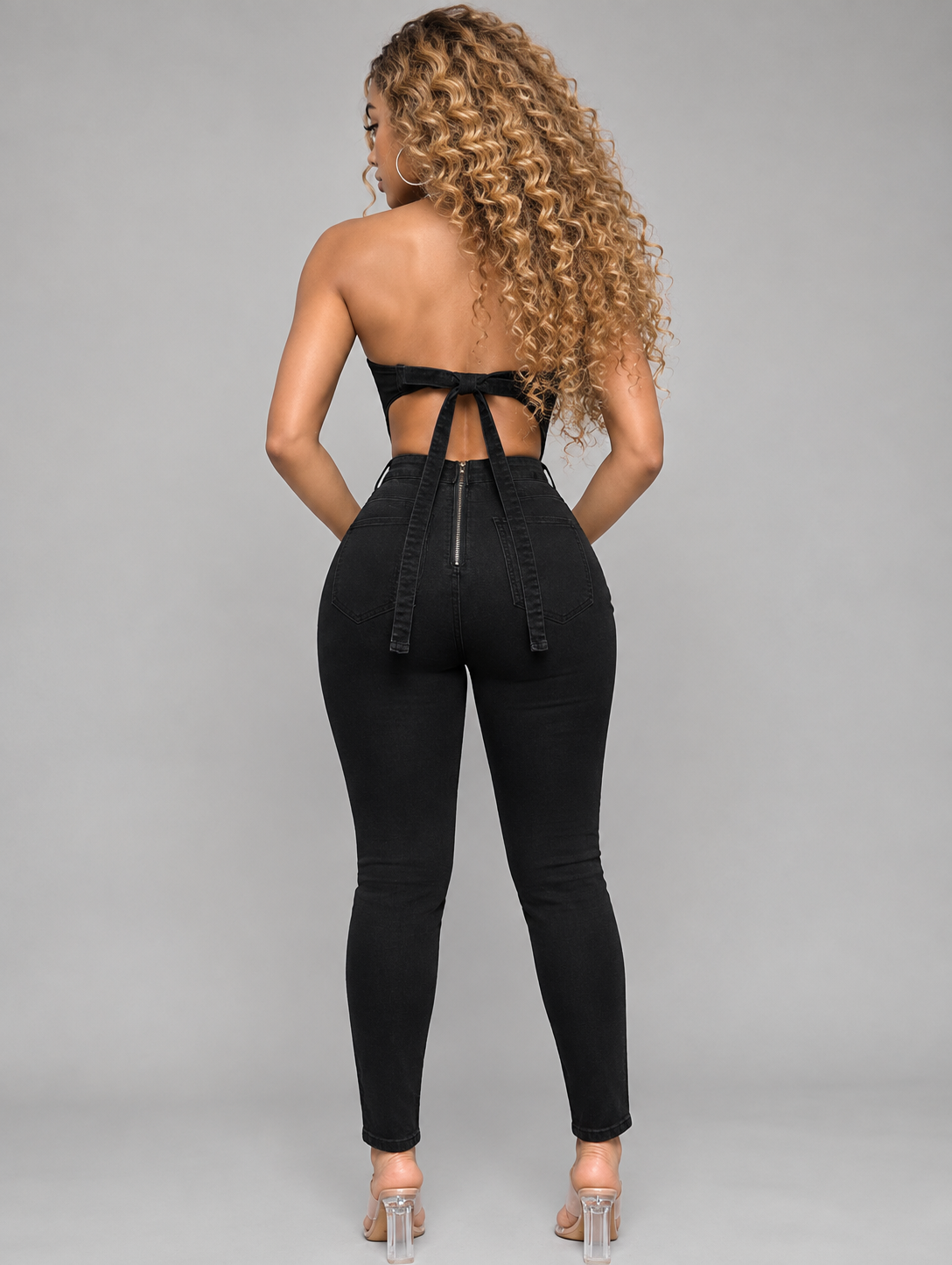SXY High-Stretch Backless Denim Jumpsuit