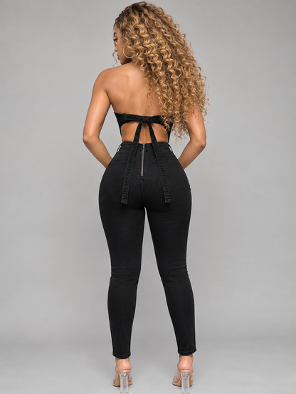SXY High-Stretch Backless Denim Jumpsuit