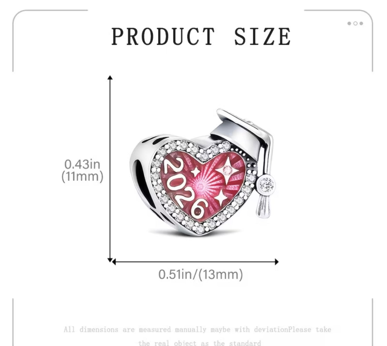 2026 Pink Graduation Cap Charm - 925 Silver Plated