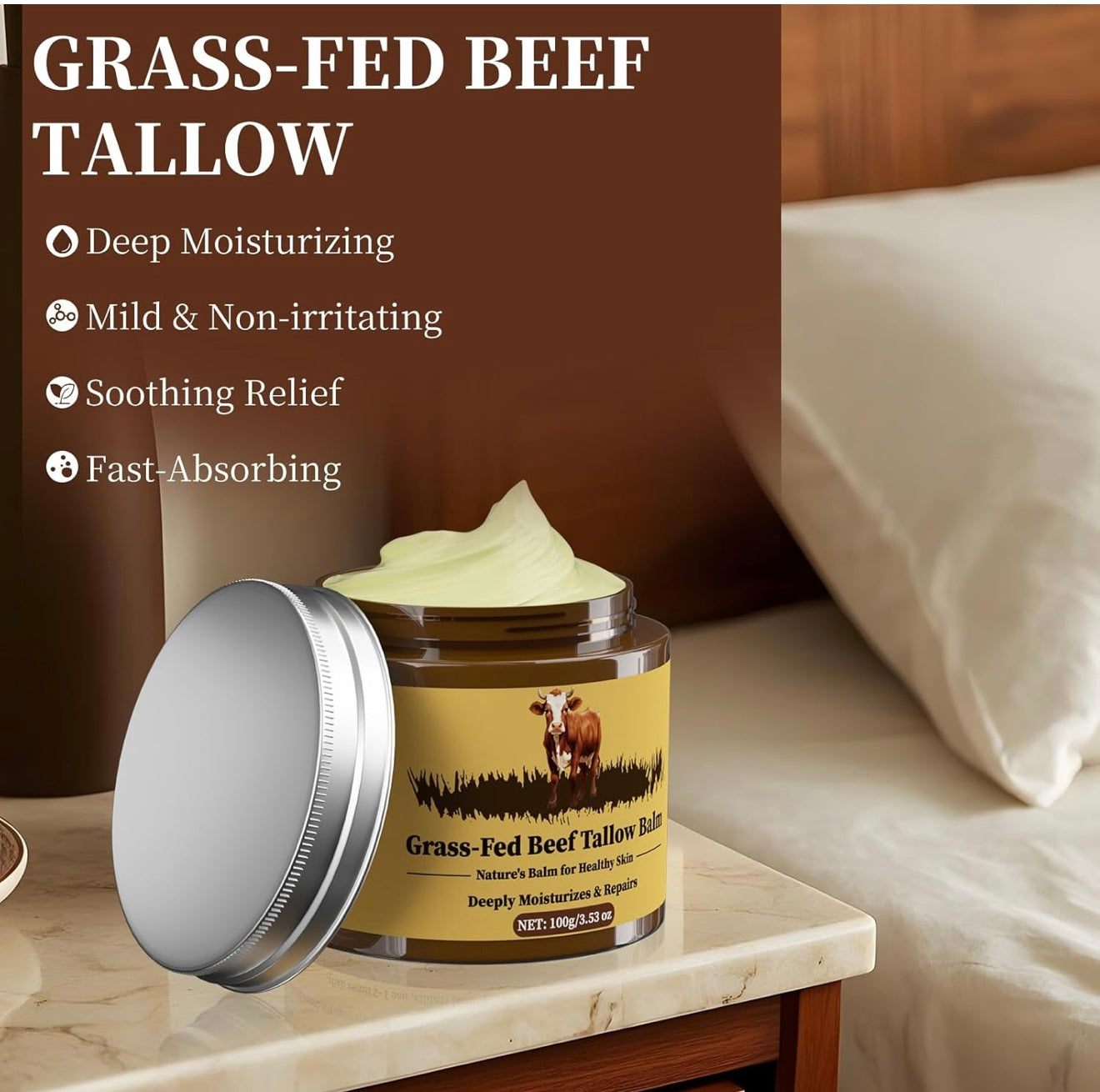 Whipped Organic Beef Tallow & Honey Balm – Deep Moisturizing Face & Body Cream (3.53oz)