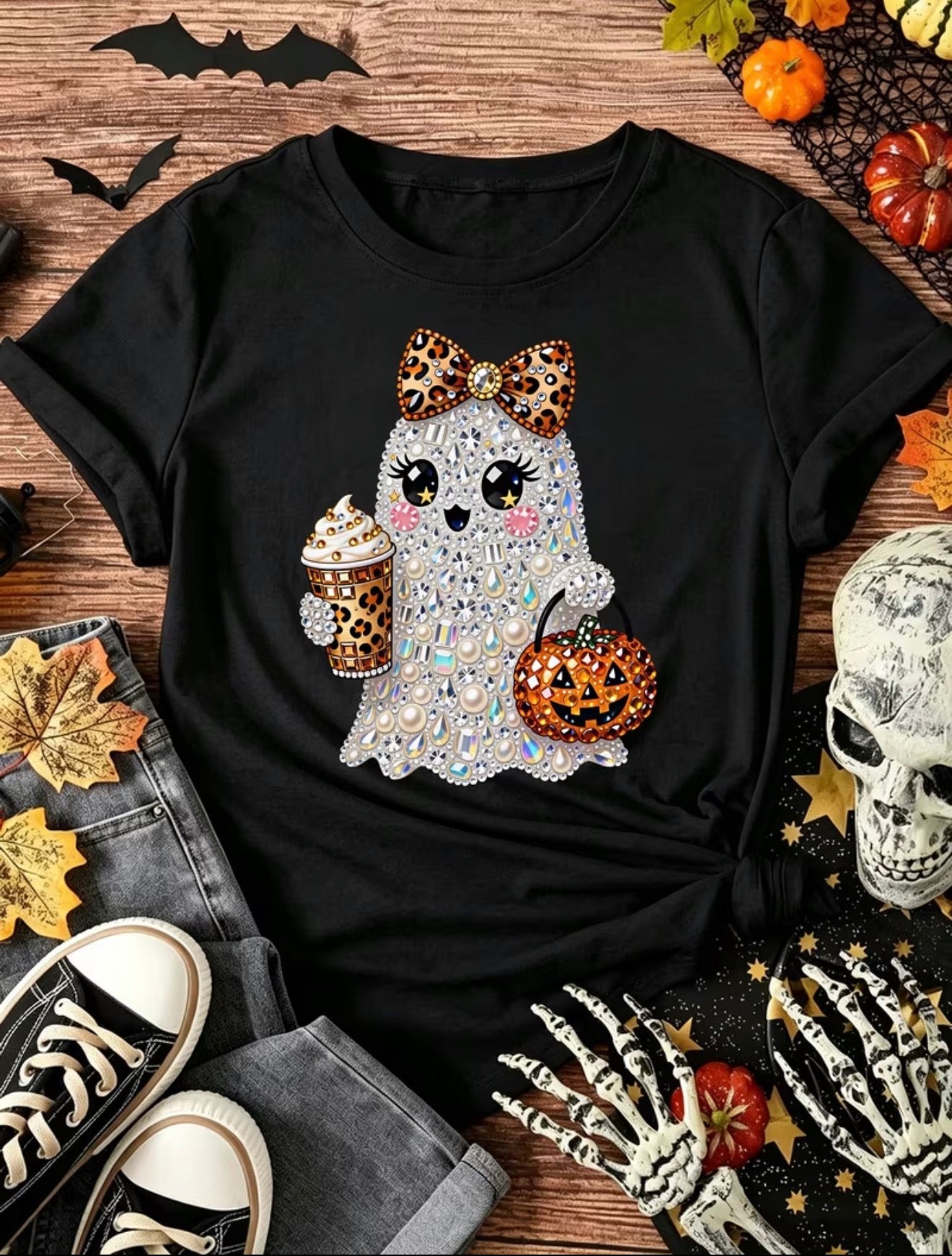 Spooky Cute Leopard Ghost & Coffee Tee