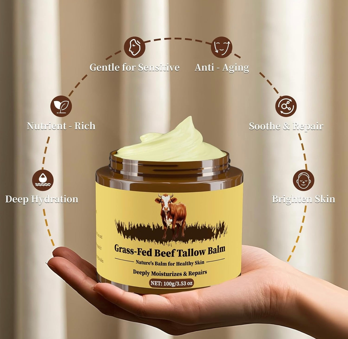 Whipped Organic Beef Tallow & Honey Balm – Deep Moisturizing Face & Body Cream (3.53oz)