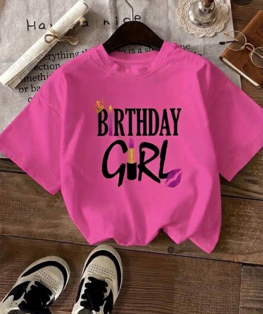 Women's "Birthday Girl" Crown & Lipstick Graphic Crewneck Short Sleeve T-Shirt