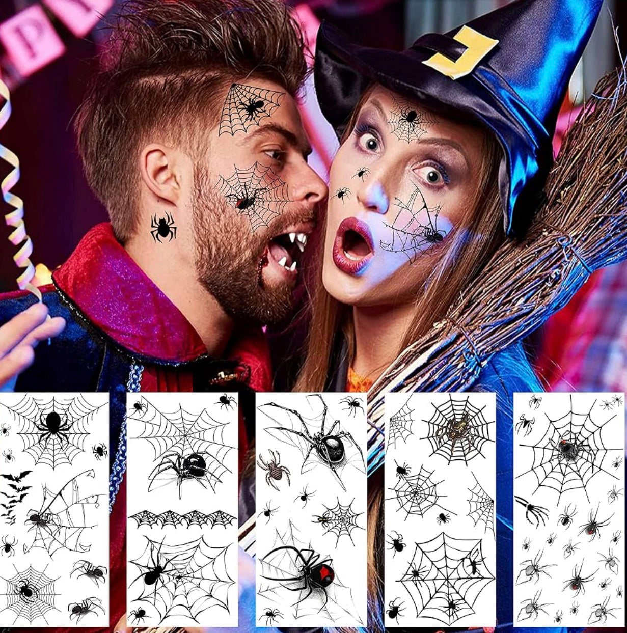 8 Sheets 3D Halloween Spider Web Temporary Tattoos for Face & Body