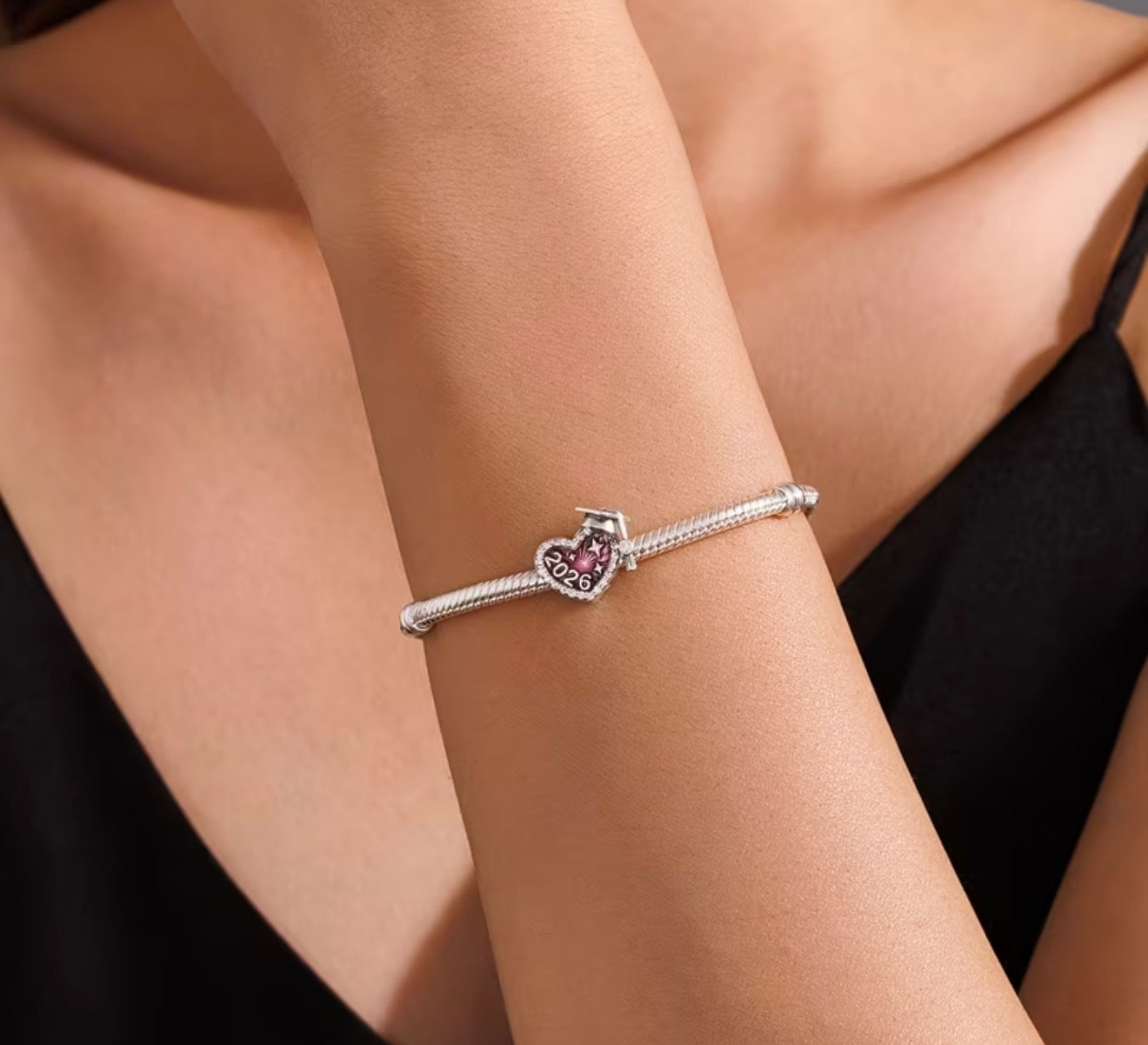 2026 Pink Graduation Cap Charm - 925 Silver Plated