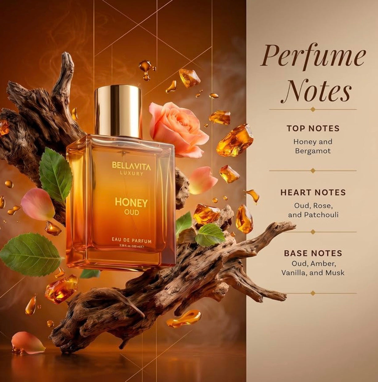 Bellavita Luxury Honey Oud Eau de Parfum | 100ml | Unisex Perfume| Honey, Oud & Amber (3.4 fl.oz.)