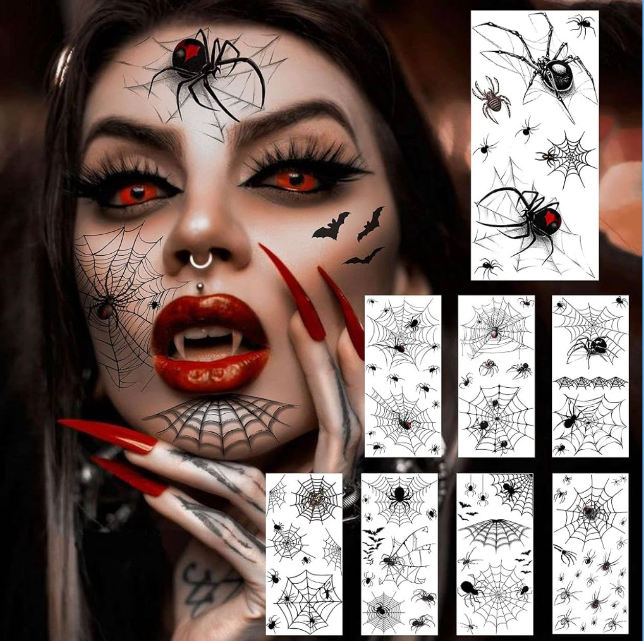8 Sheets 3D Halloween Spider Web Temporary Tattoos for Face & Body