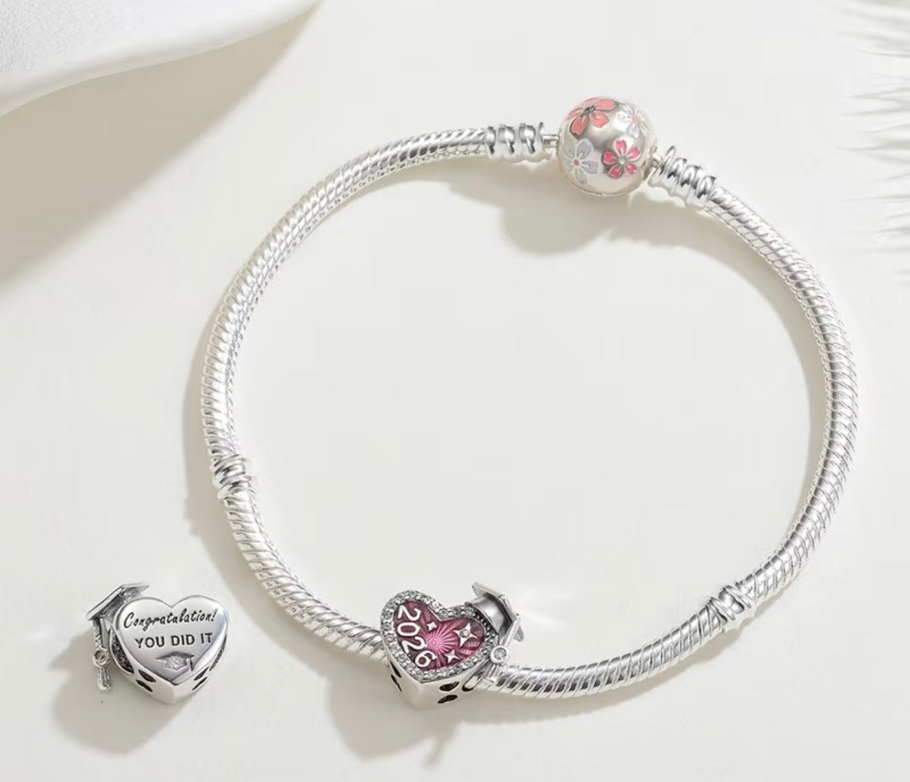 2026 Pink Graduation Cap Charm - 925 Silver Plated