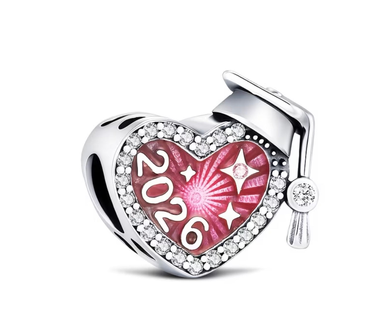 2026 Pink Graduation Cap Charm - 925 Silver Plated
