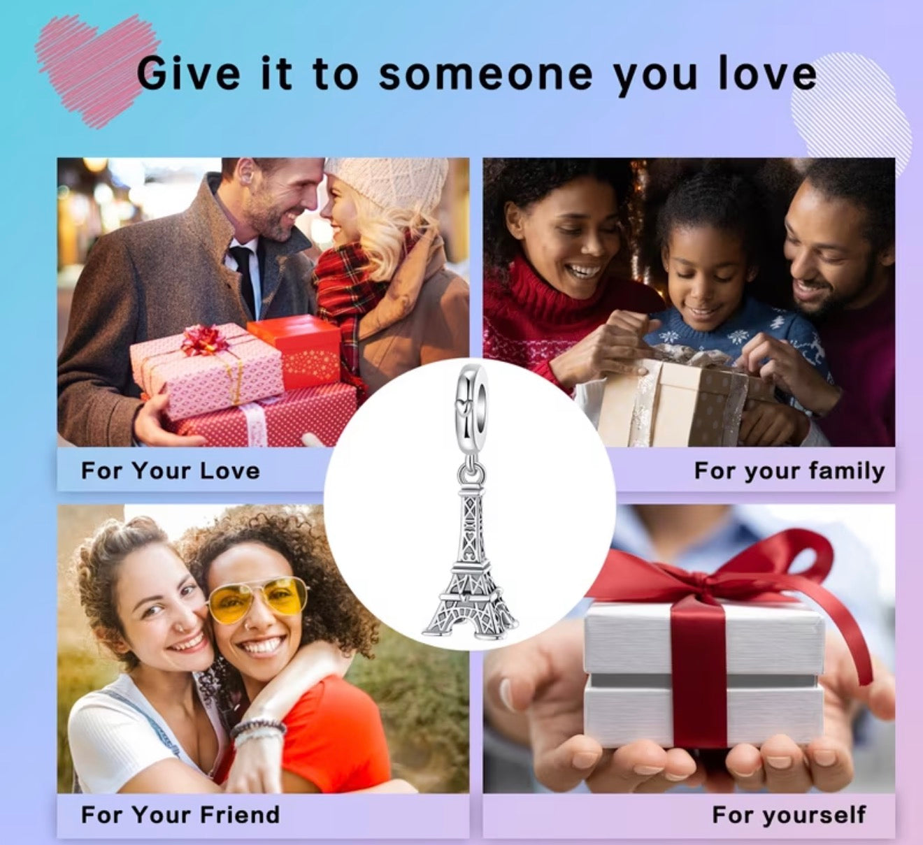 Sterling Silver Eiffel Tower Heart Charm