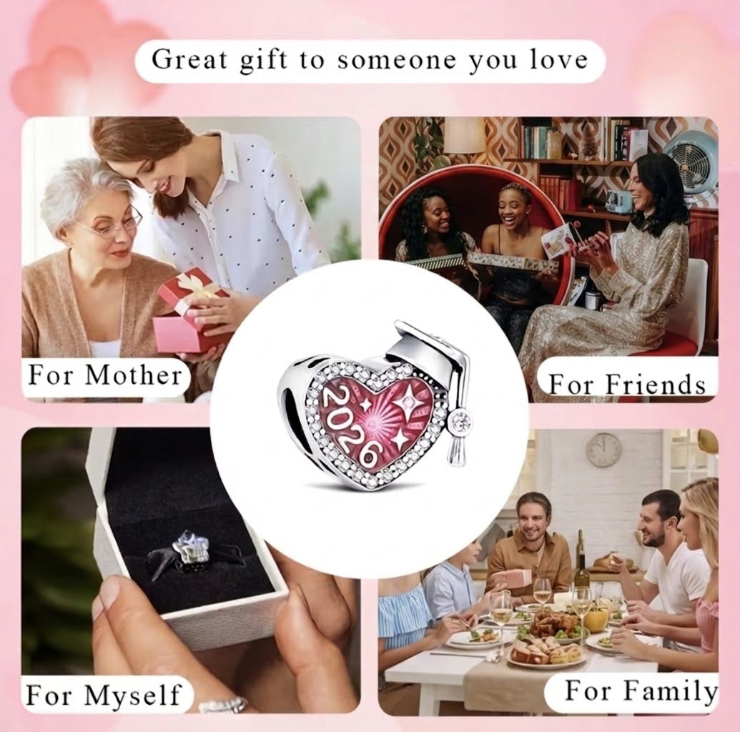2026 Pink Graduation Cap Charm - 925 Silver Plated